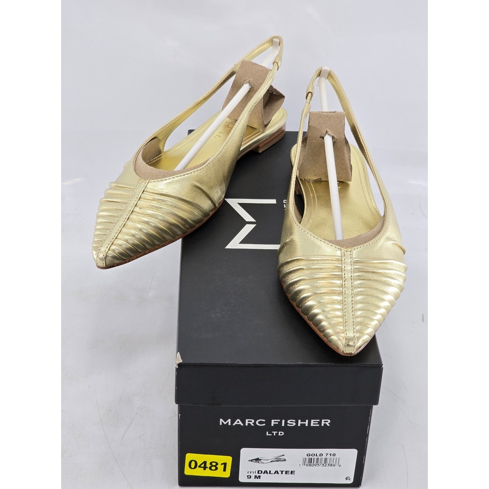 Marc Fisher Dalatee Slingback Flats Women 9 Gold Pointed Toe Pleated - New